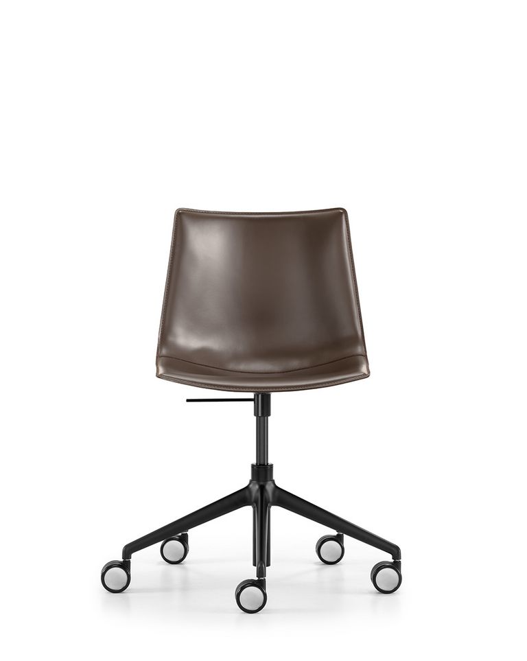 Schreibtischstuhl mit schwarzem Fünfsternfuss und brauner Leder Vollpolsterung