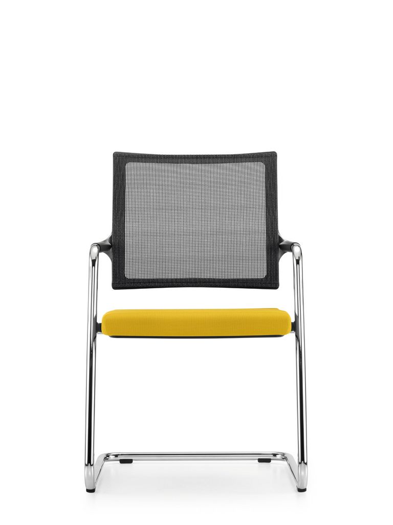 Camiro Frontansicht Freischwinger mit gelbem Sitzpolster und Netzrücken