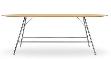 Besprechungstisch hoch oval, mit Massivholzplatte und Gestell aus Chromnickelstahl