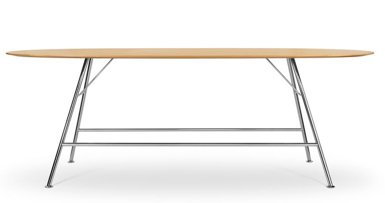 Besprechungstisch hoch oval, mit Massivholzplatte und Gestell aus Chromnickelstahl