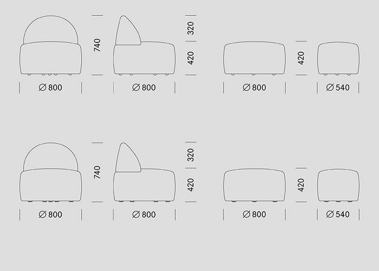 Dimensionen des Poufs und des Poufs mit Rückenlehne