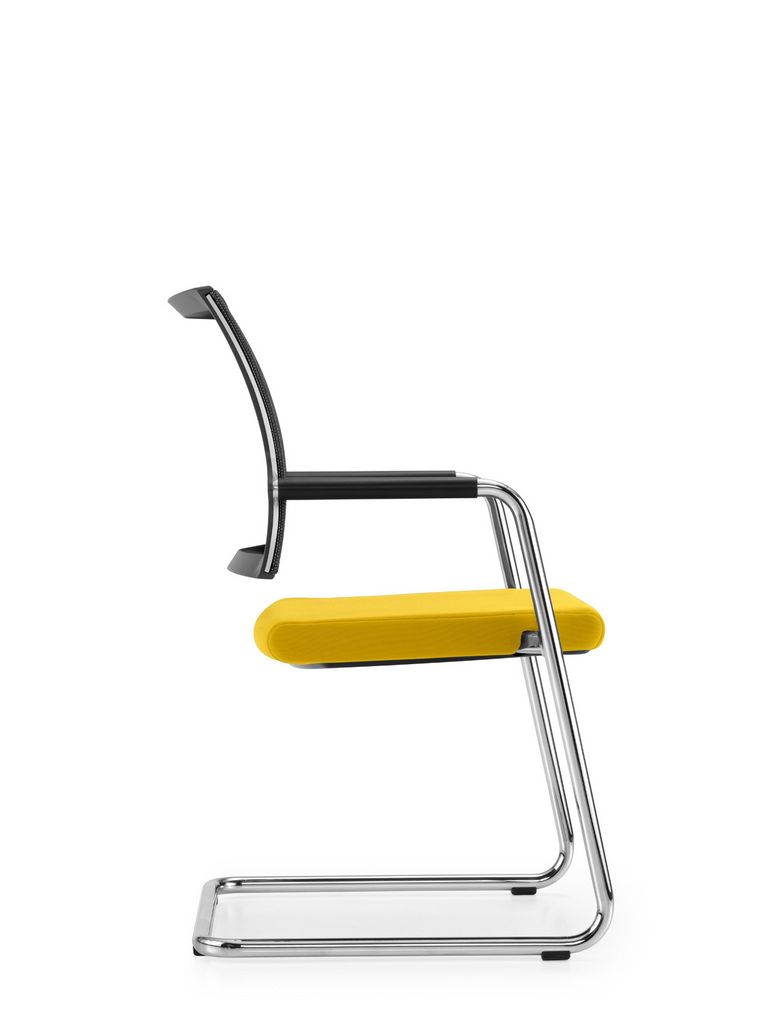 Camiro Freischwinger in Seitensicht mit gelbem Sitzpolster und Netzrücken