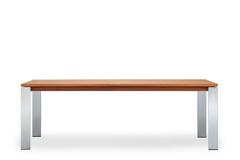 Andra Seitenansicht Massivholztisch Nussbaum mit Füssen aus Chromnickelstahl