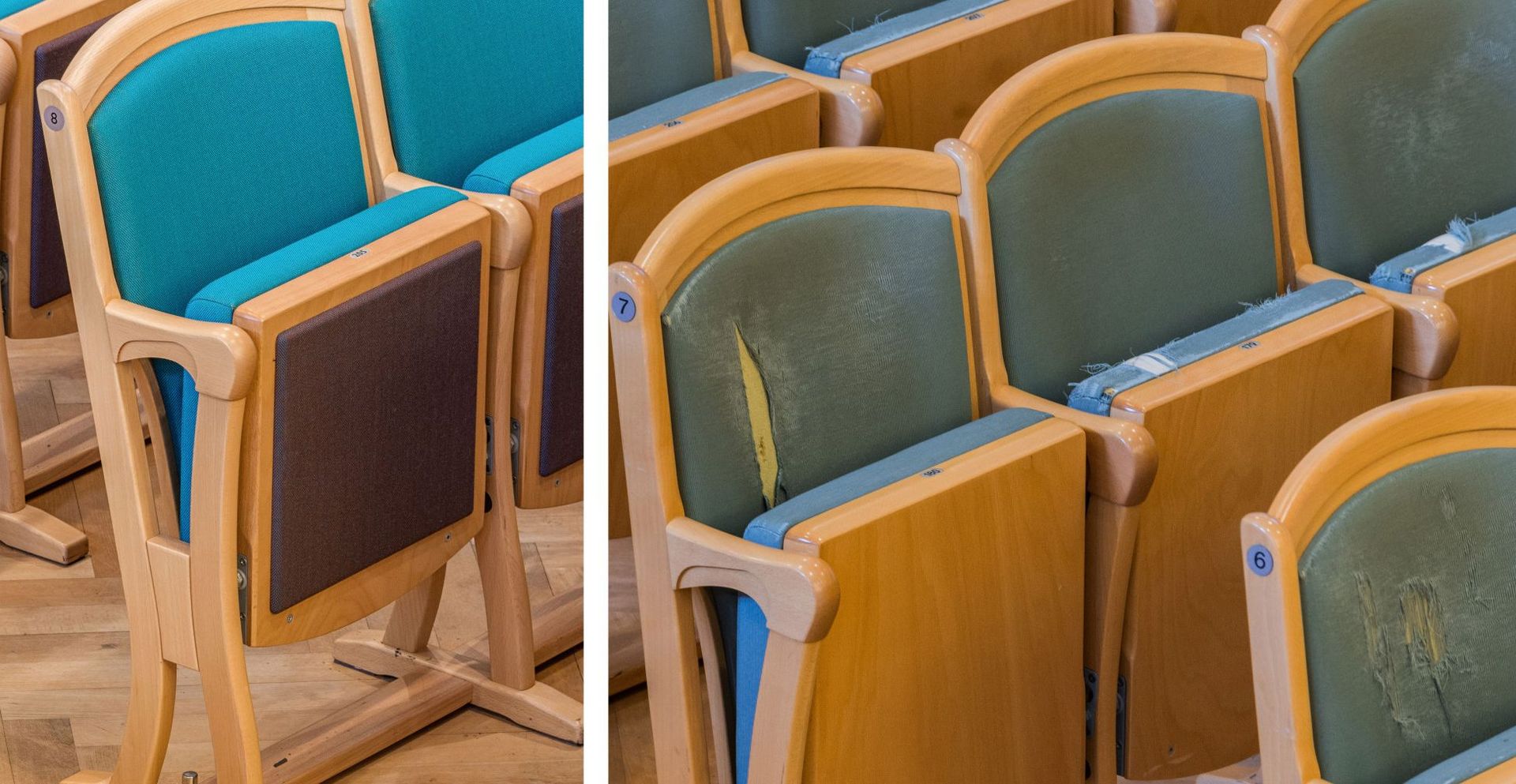 Remanufacturing Tonhalle, St. Gallen: überarbeitete Bestuhlung des Konzertsaales, ein Vorher-Nachher-Vergleich
