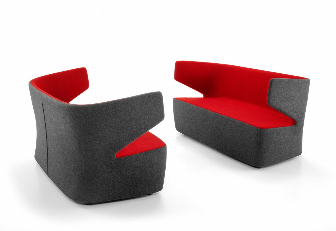 Sitzgruppe Büro mit zwei Sessel zweifarbig rot grau gepolstert