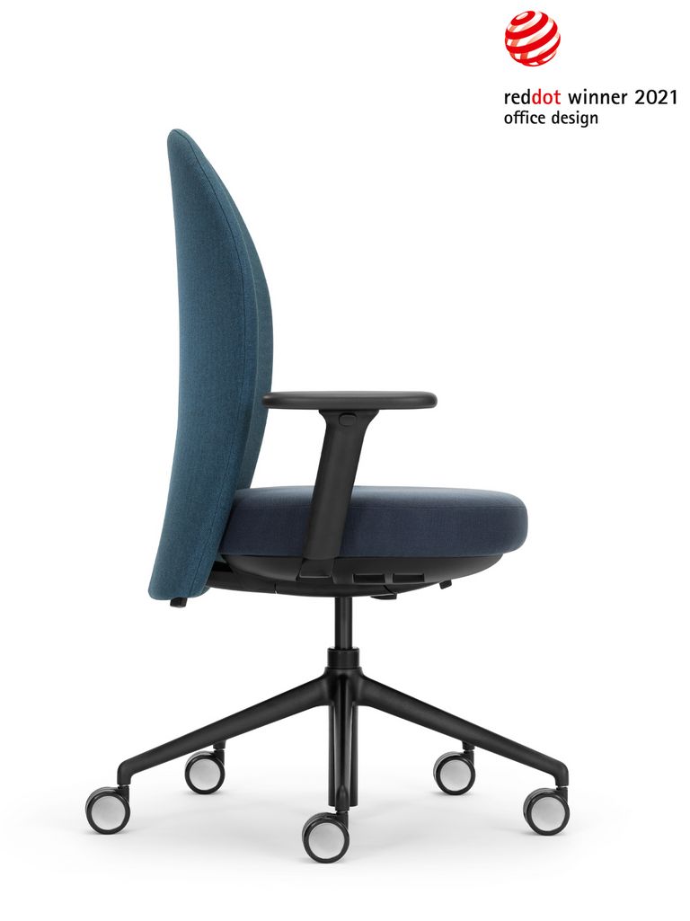Bürostuhl Marva mit blauem Polster und schwarzem Fünfsternfuss, Seitenansicht