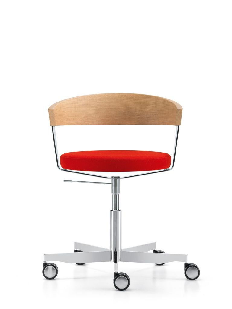 Schreibtischstuhl G 125 mit Rückenlehne in Eiche und rotem Sitzpolster
