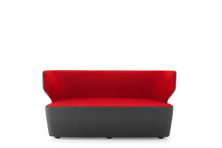 Loungesofa, Zweisitzer Vorderansicht, rot und grau zweifarbig gepolstert