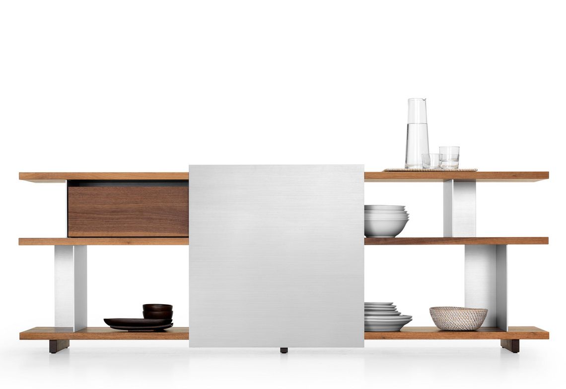 Lowboard Holz mit Regalwinkel und Schubkasten in Massivholz