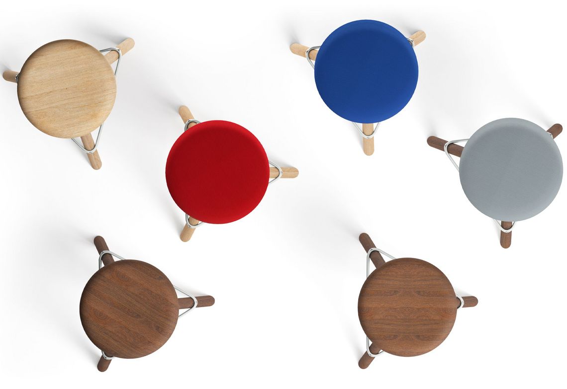 Holzhocker und Hochstuhl Holz Nussbaum, Eiche und farbig gepolstert, Sicht von oben